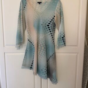Komarov Pale Blue and Cream V-Neck Tunic with Abstract Dot Pattern